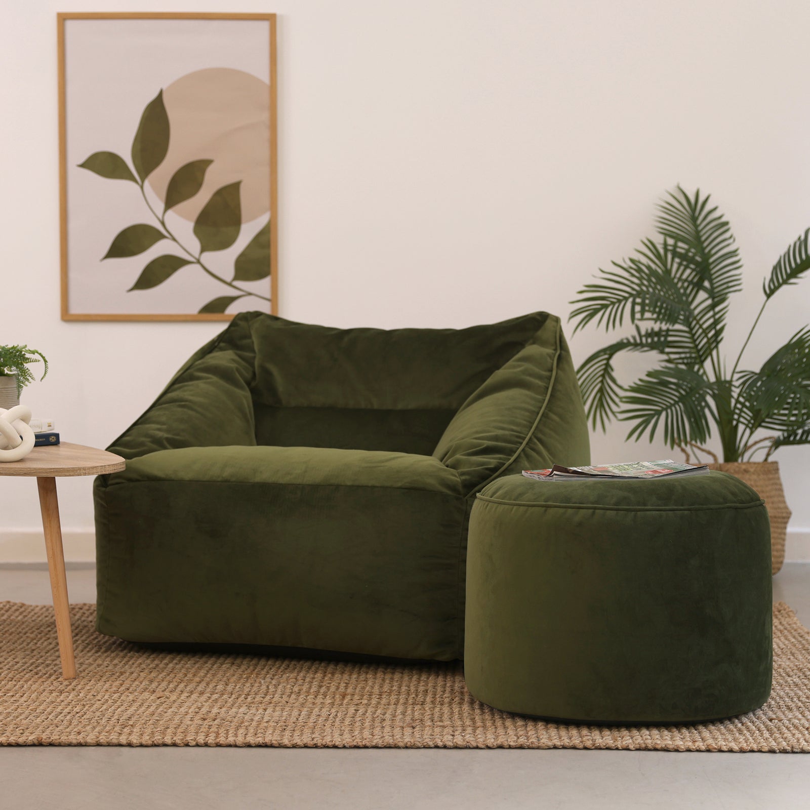 Natalia Velvet Armchair & Pouffe Set | Olive