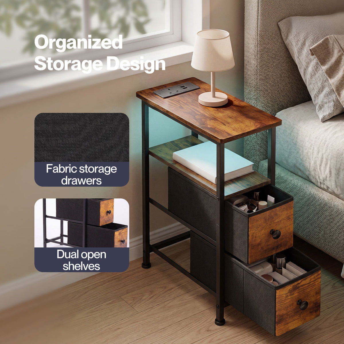 Bedside Table Narrow Side Table With Led Charging Station Storage Brown | Brown