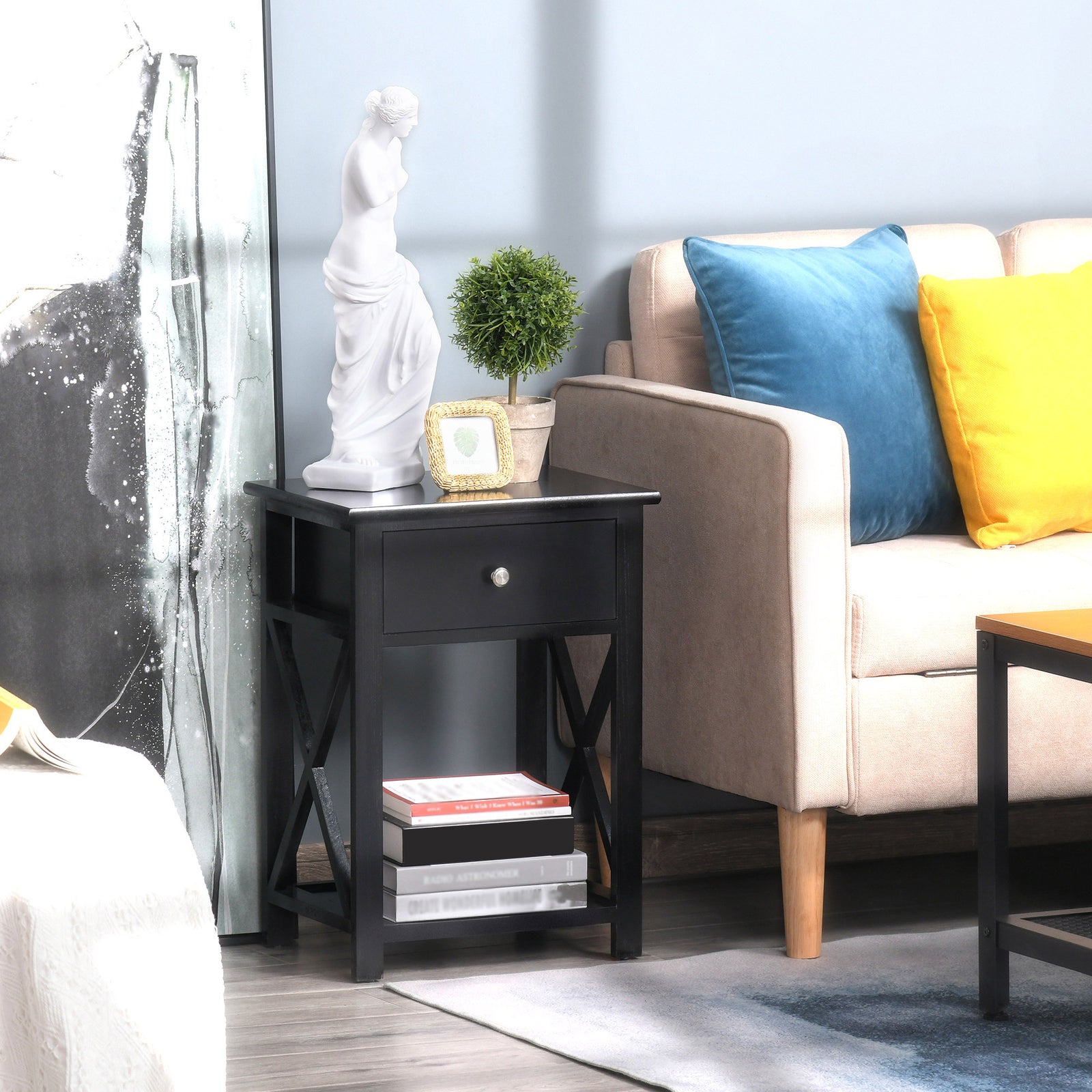 Side Table Nightstand For Bedroom With Drawer & Bottom Shelf | Black