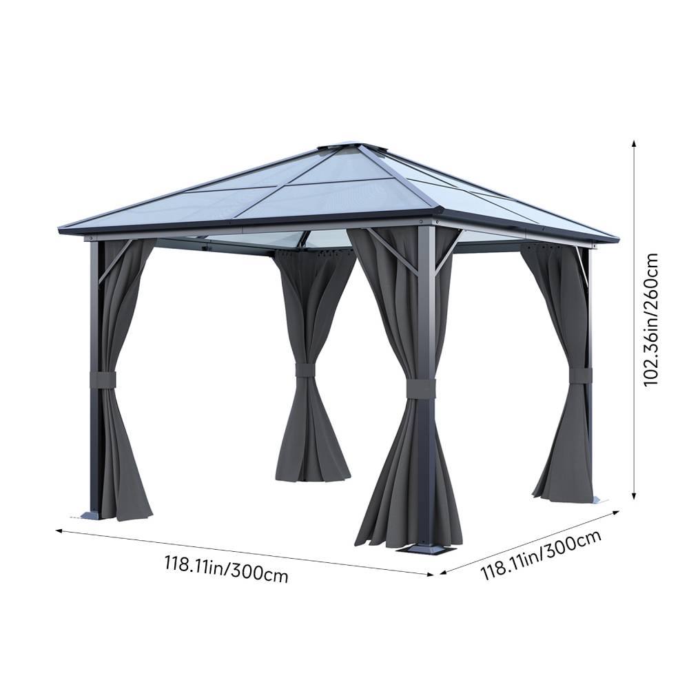3x3m Hardtop Patio Gazebo With Curtains Metal Frame Outdoor Canopy Shelter 2.6m Height