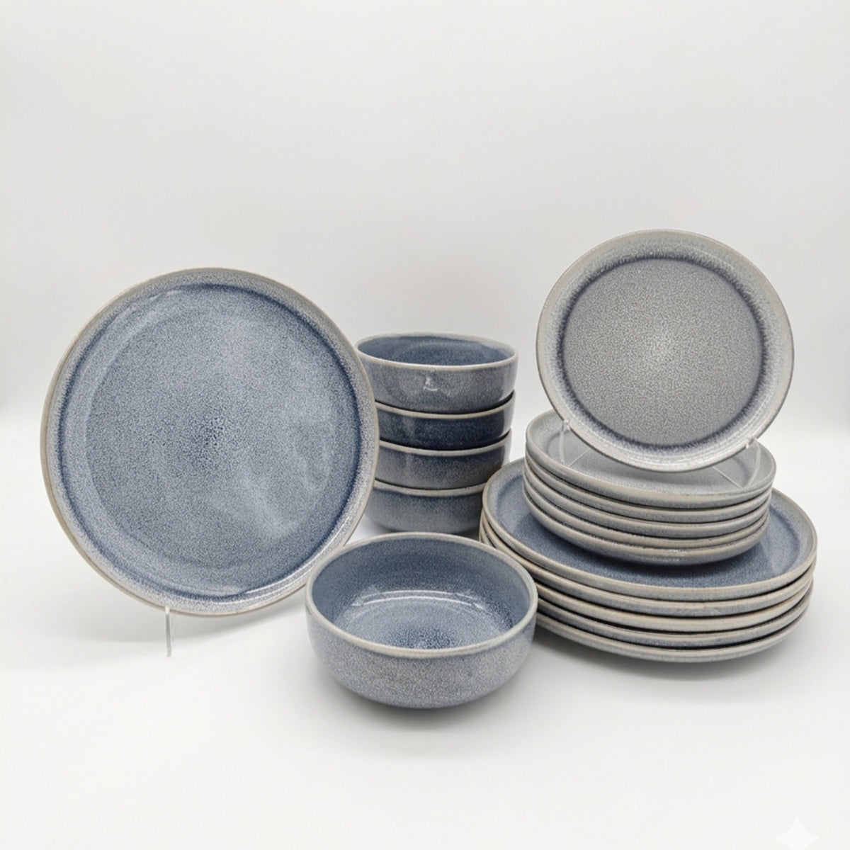Reactive Ash Blue Glaze Dinner Set Plates Bowls | Set of 18 | Blue