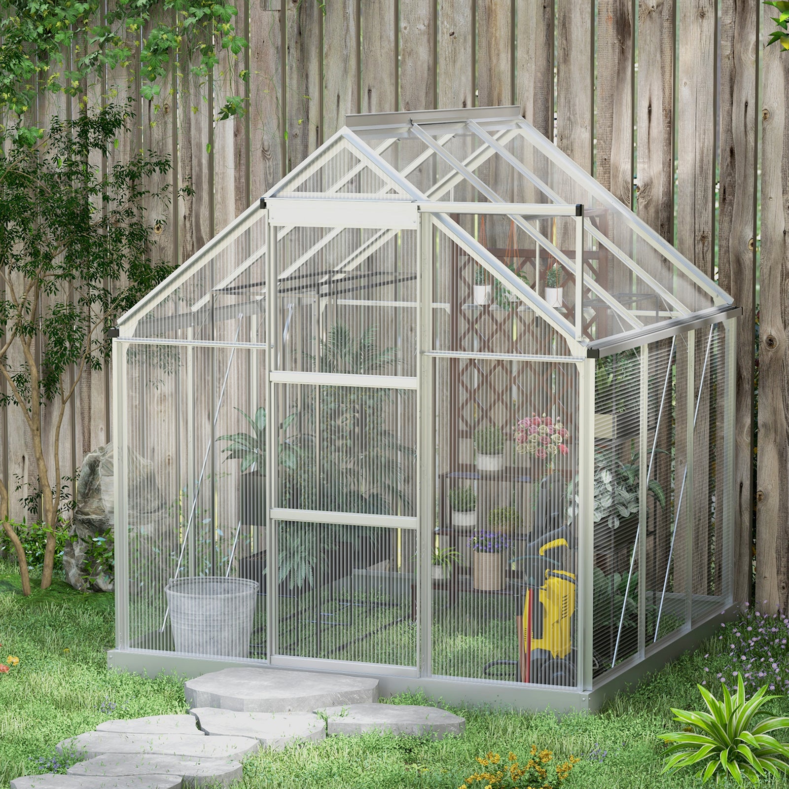 6x6ft Polycarbonate Greenhouse W/ Roof Vent - Silver