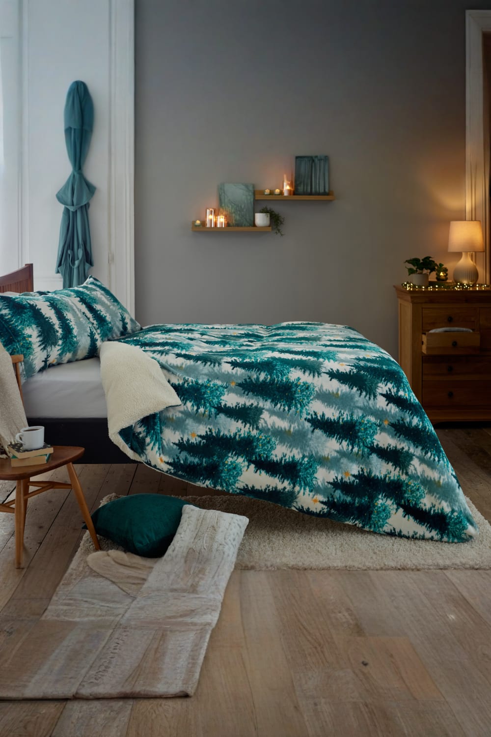 Christmas Tree Fleece Duvet Cover Set With Sherpa Reverse – Festive Winter Bedding | Single | Multi