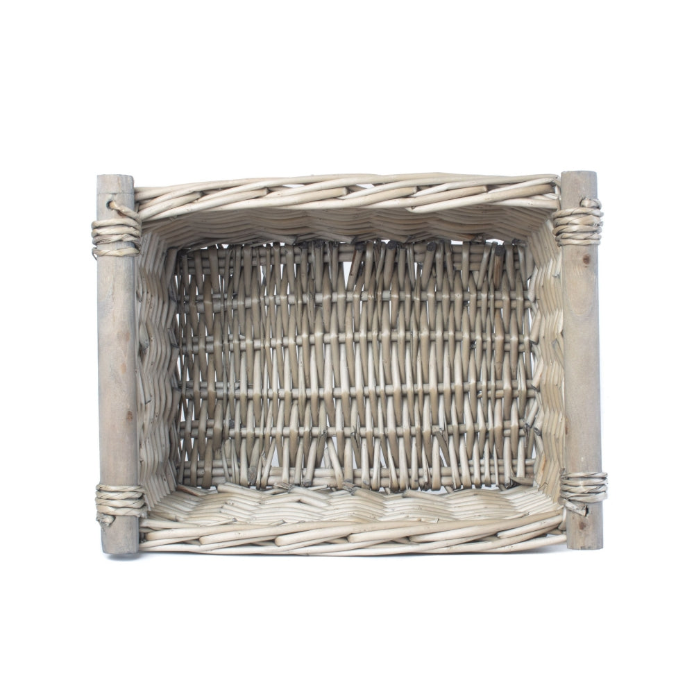 Wicker Grey Wash Wooden Handled Storage Basket | Small