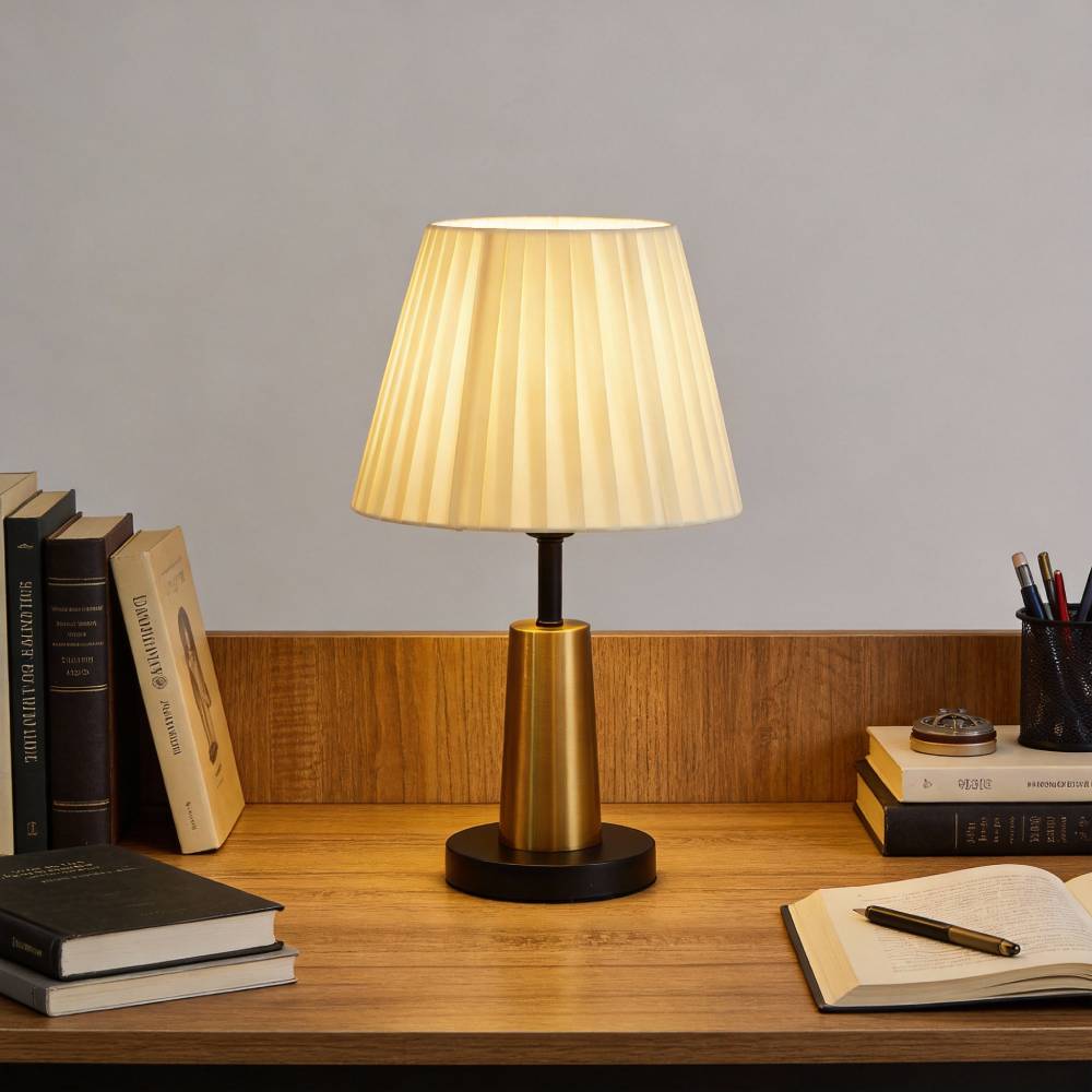 Breeins Modern Nordic Table Lamp With Pleated Fabric Shade, Black & Gold Metal Base