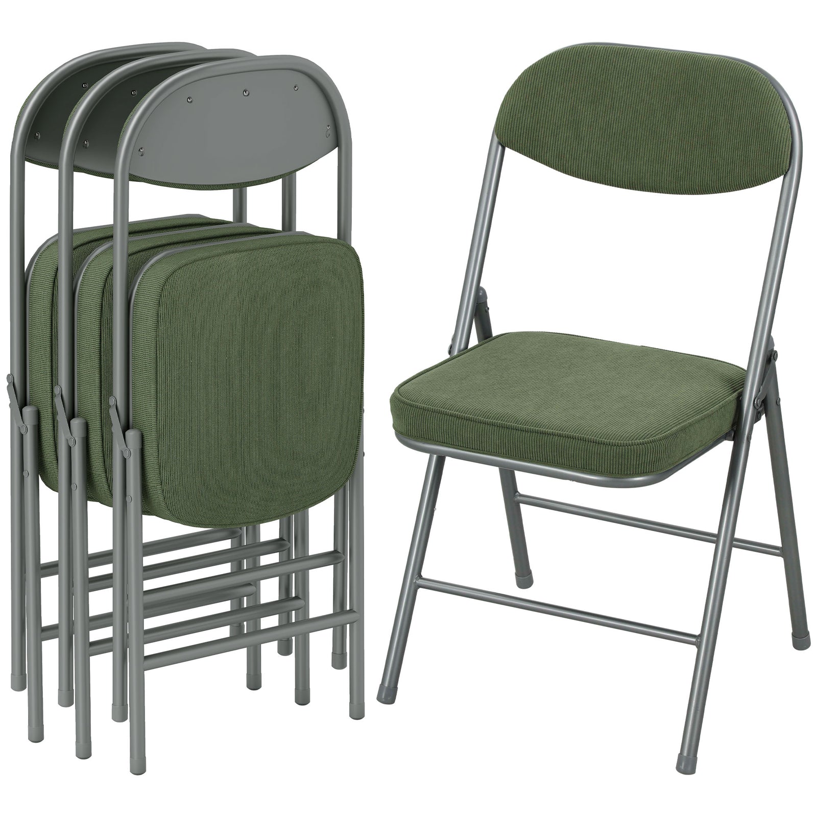Folding Chairs Set Of 4 With Cushioned Seat, Steel Frame | Green