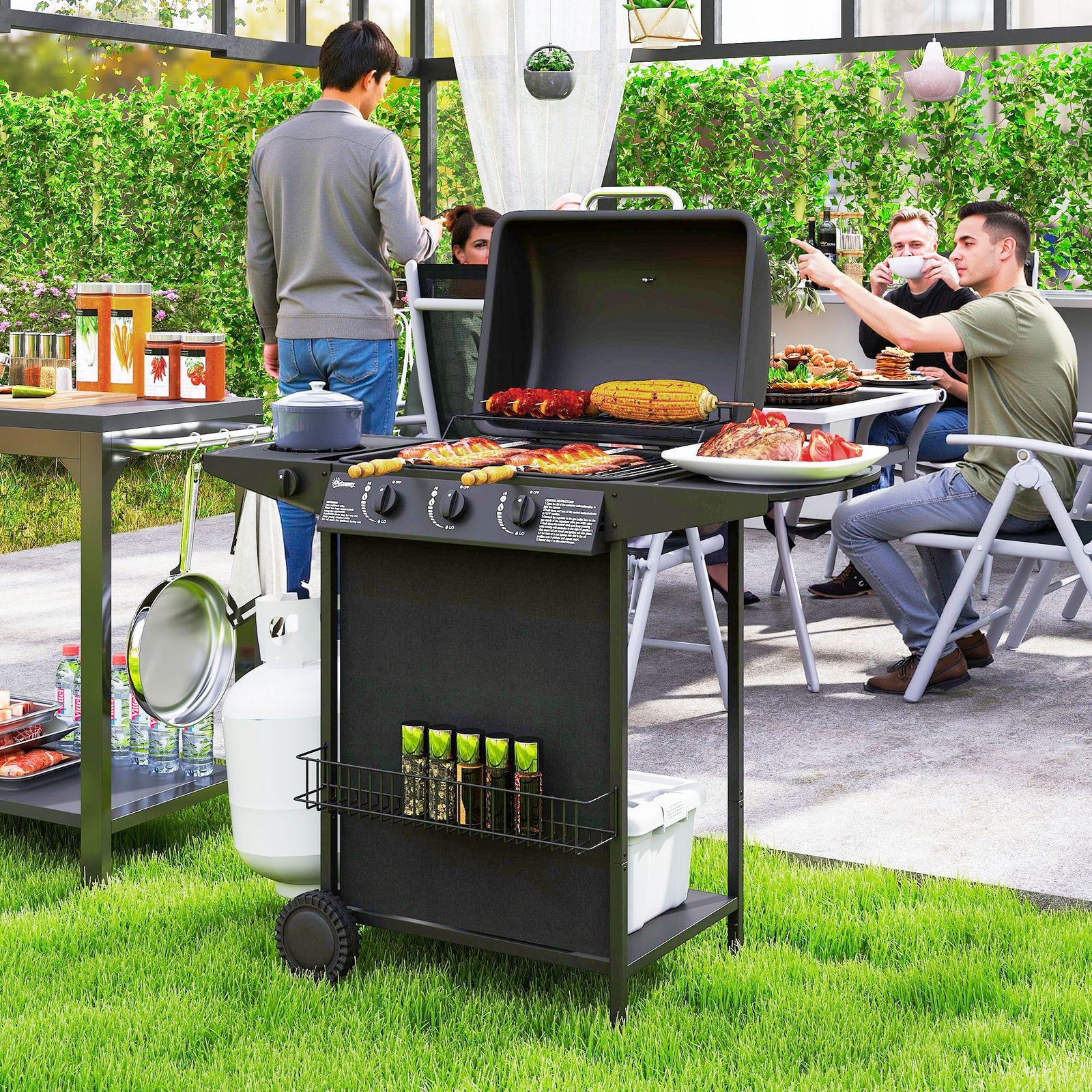 Outsunny Portable 3+1 Burner Gas Bbq Grill