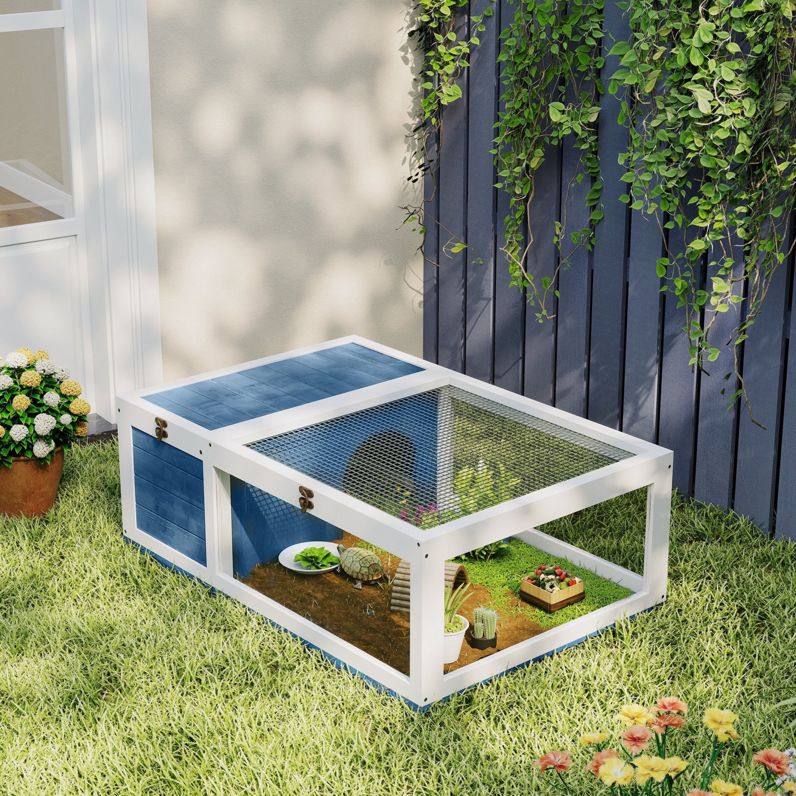 Tortoise House With Mesh Roof, Small Pet Reptile Wooden House | Blue