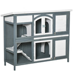 Two-tier Wooden Rabbit Hutch W/ Openable Roof, Slide-out Tray, Ramp | Gray