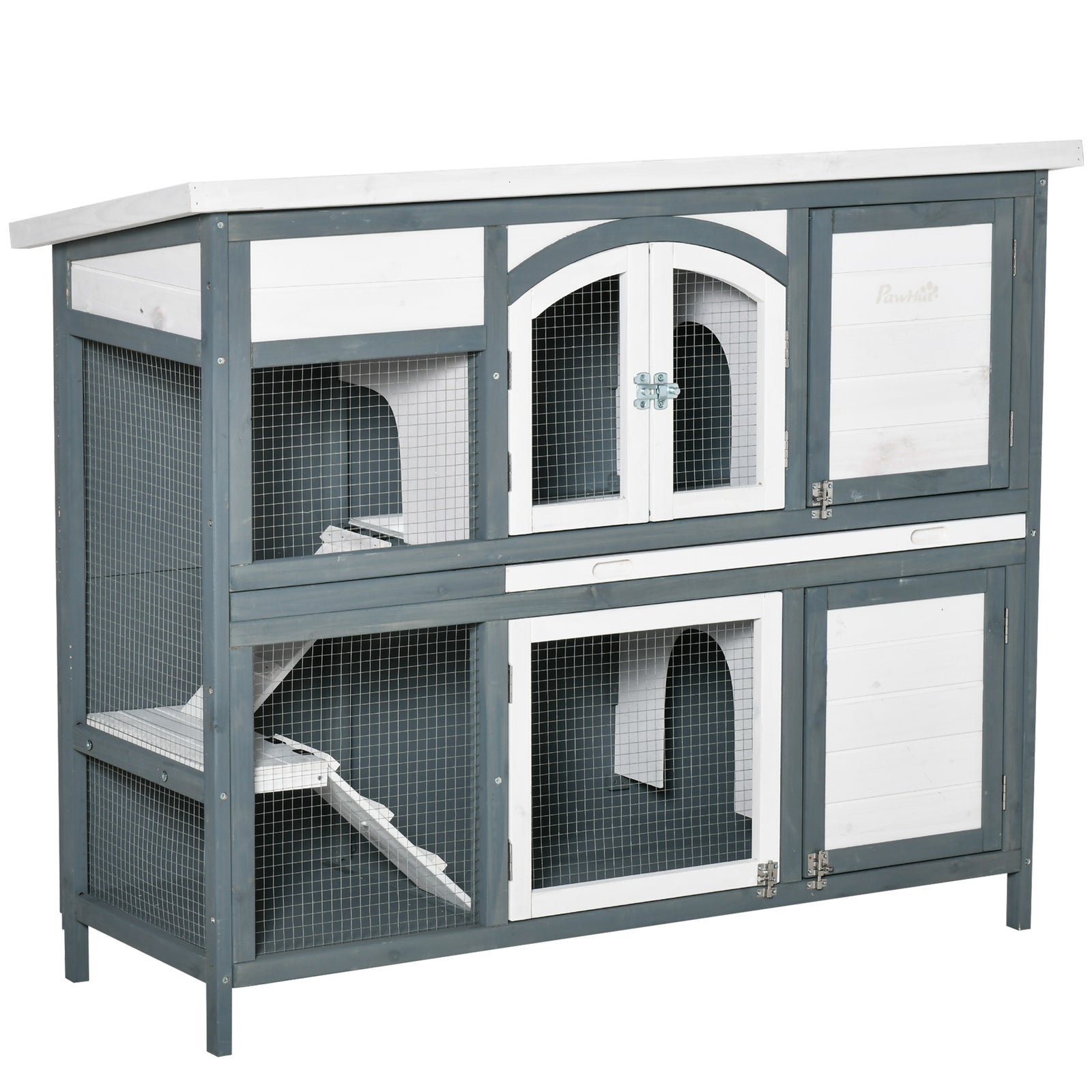 Two-tier Wooden Rabbit Hutch W/ Openable Roof, Slide-out Tray, Ramp | Gray