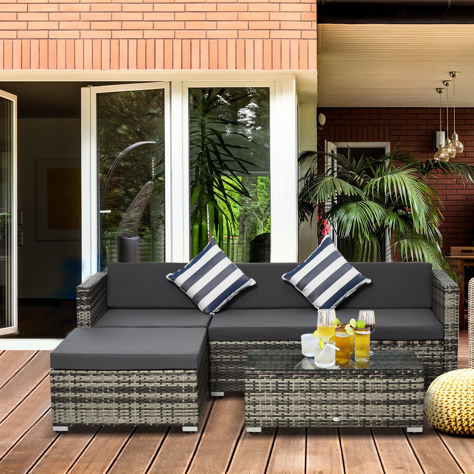 5 Pieces Rattan Sofa Set Wicker Sectional Cushion Patio | Grey