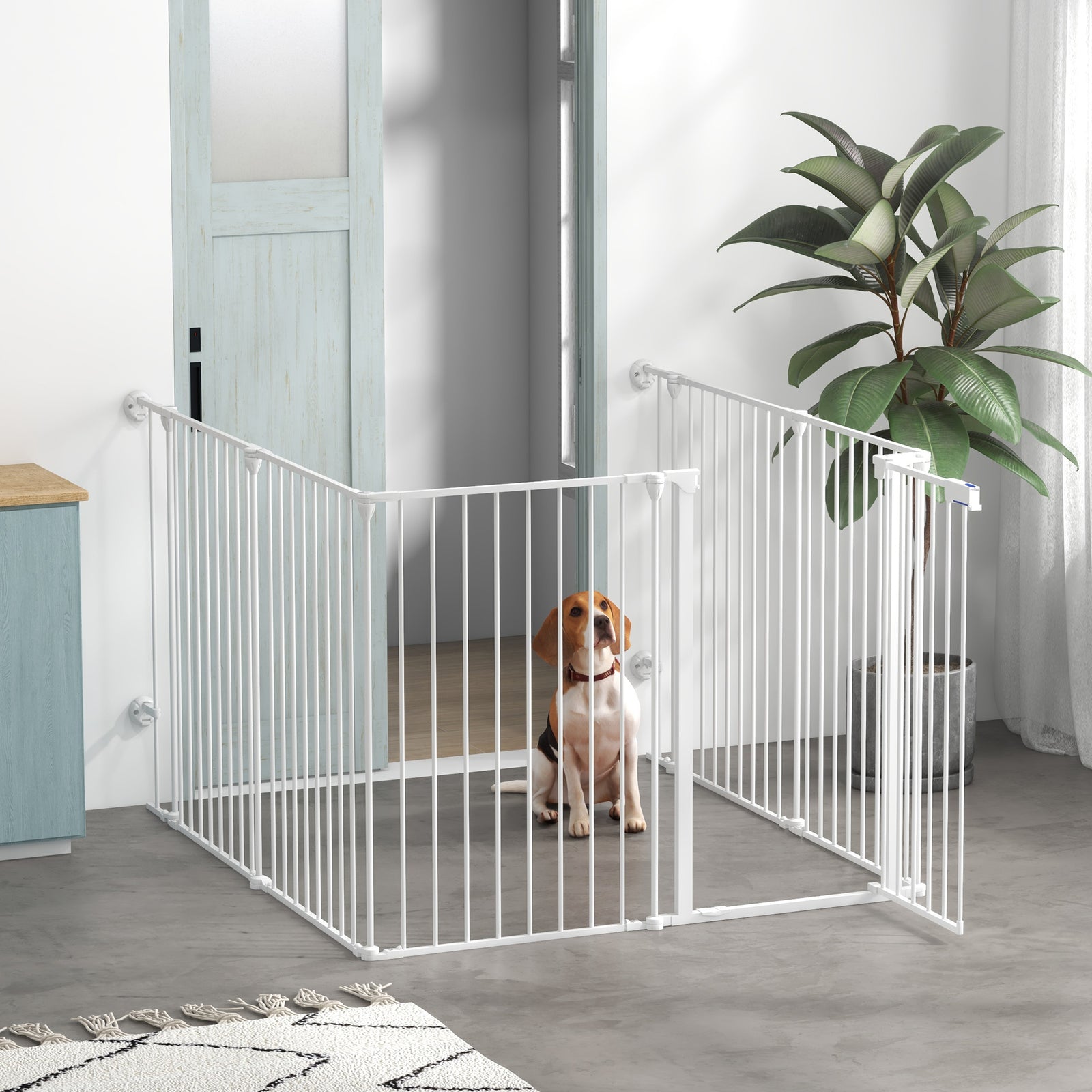 2 In 1 Dog Pen, Safety Pet Gate, 6 Panels, For Medium Dogs, 90hcm - White