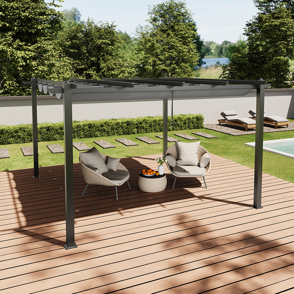 4m X 4m Outdoor Aluminium Pergola With Retractable Roof, Pu-coated Water-resistant Canopy,black Frame Patio Shelter For Garden, Backyard | Grey