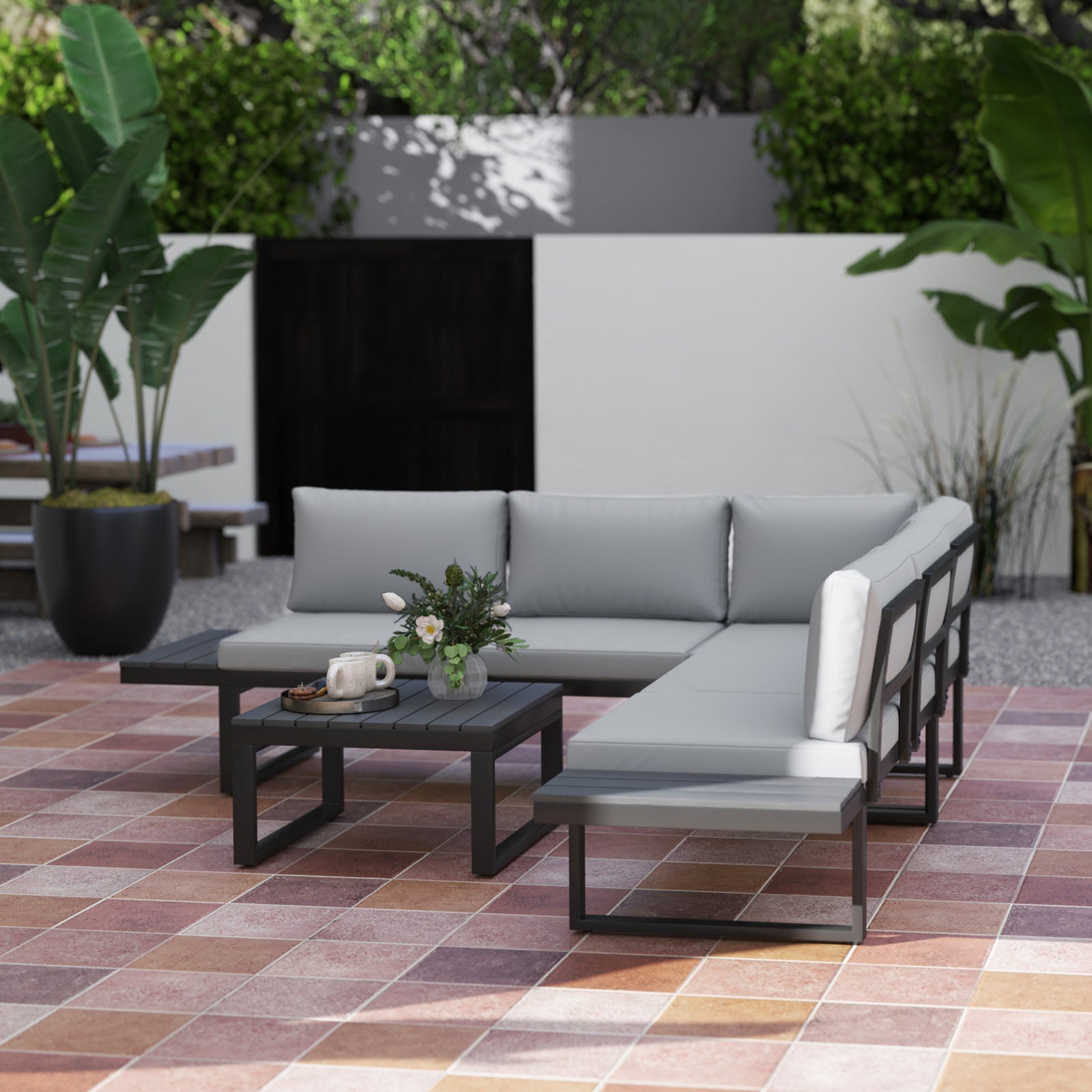 4 Pcs Garden Set W/ 5-level Recline Corner Conversation Set