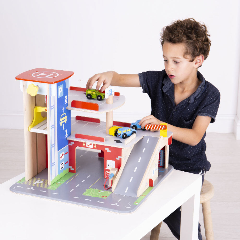 Wooden Park And Play Garage Playset, With Working Lift