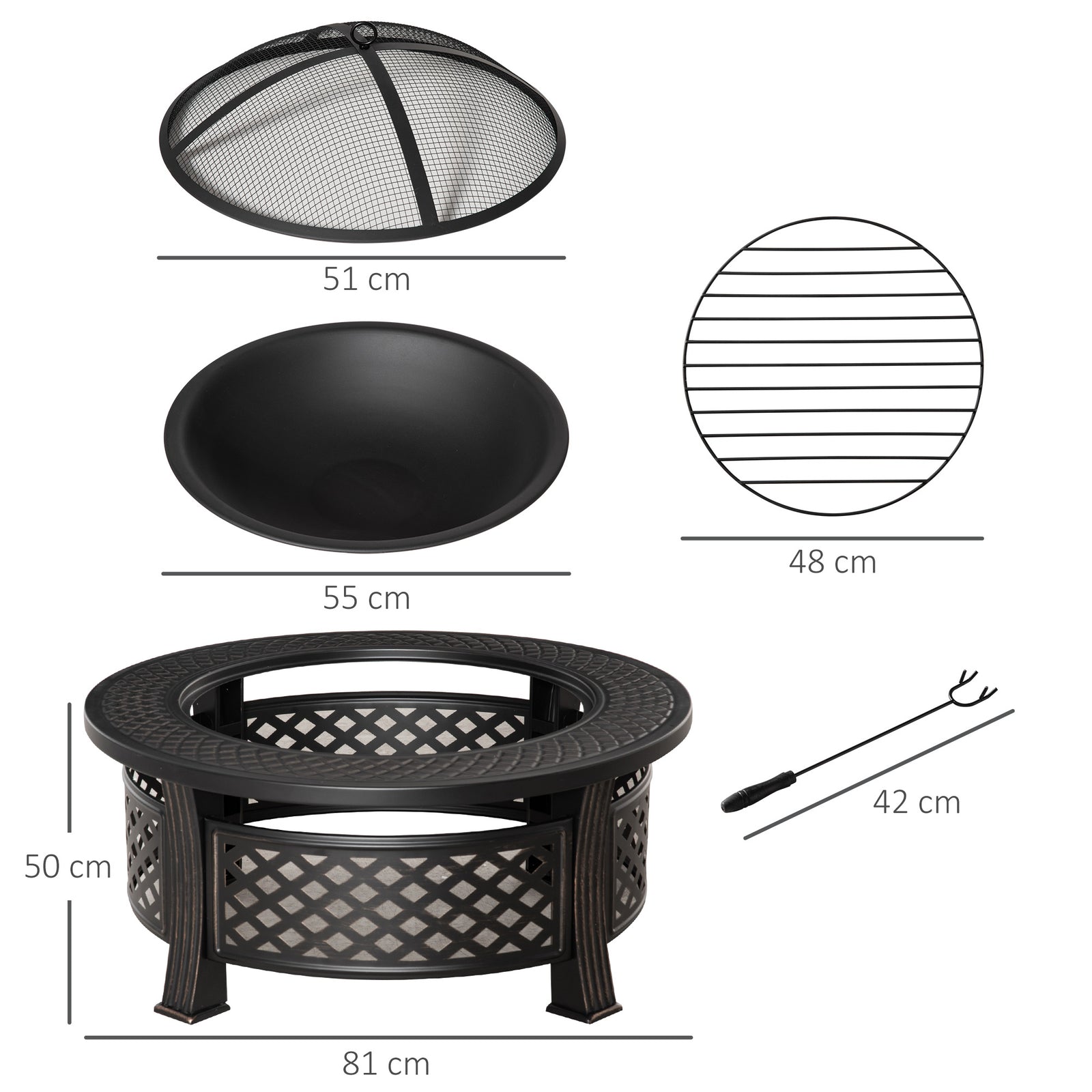 Outsunny Outdoor Fire Pit,round Firepit With Grill Net,mesh Lid,bronze Tone