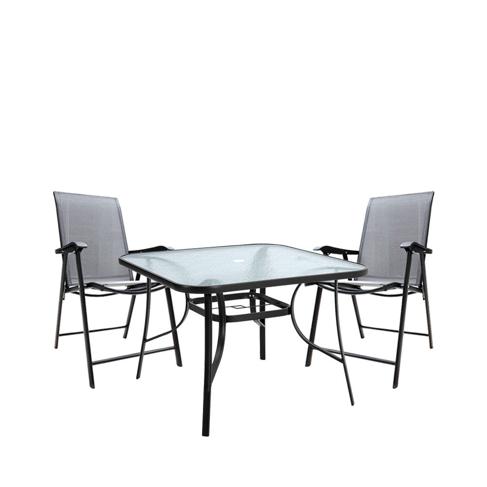 3 Pieces Patio Furniture Set Tempered Glass Outdoor Coffee Table And Foldable Chairs
