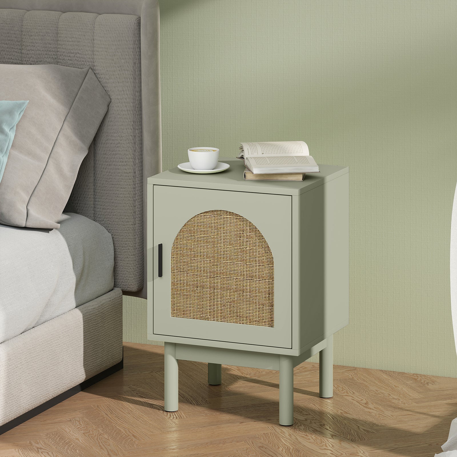 Boho Bedside Table With Rattan Door And Adjustable Shelf | Green