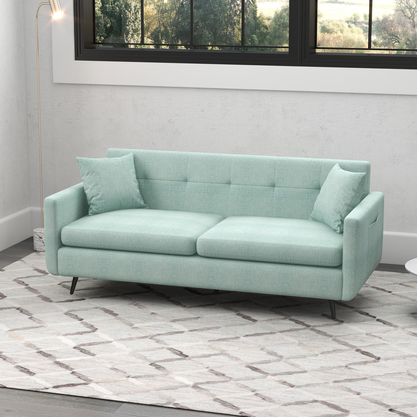 2 Seater Sofa 165cm Fabric Couch With Wood Legs And Pockets | One Size | Blue