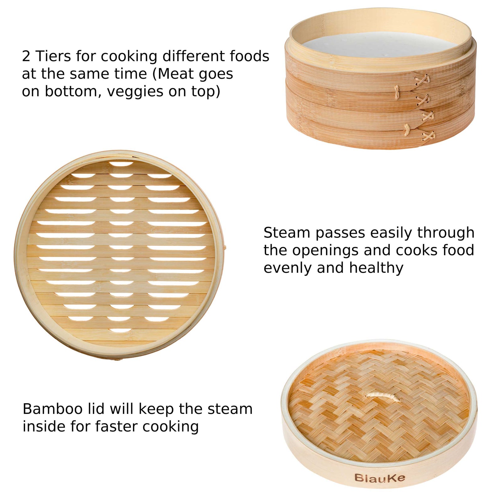 BlauKe Bamboo Steamer Basket 25cm With Chopsticks, Tongs, 50 Paper Liners - 2-tier Food Steamer For Cooking Dumplings Vegetables