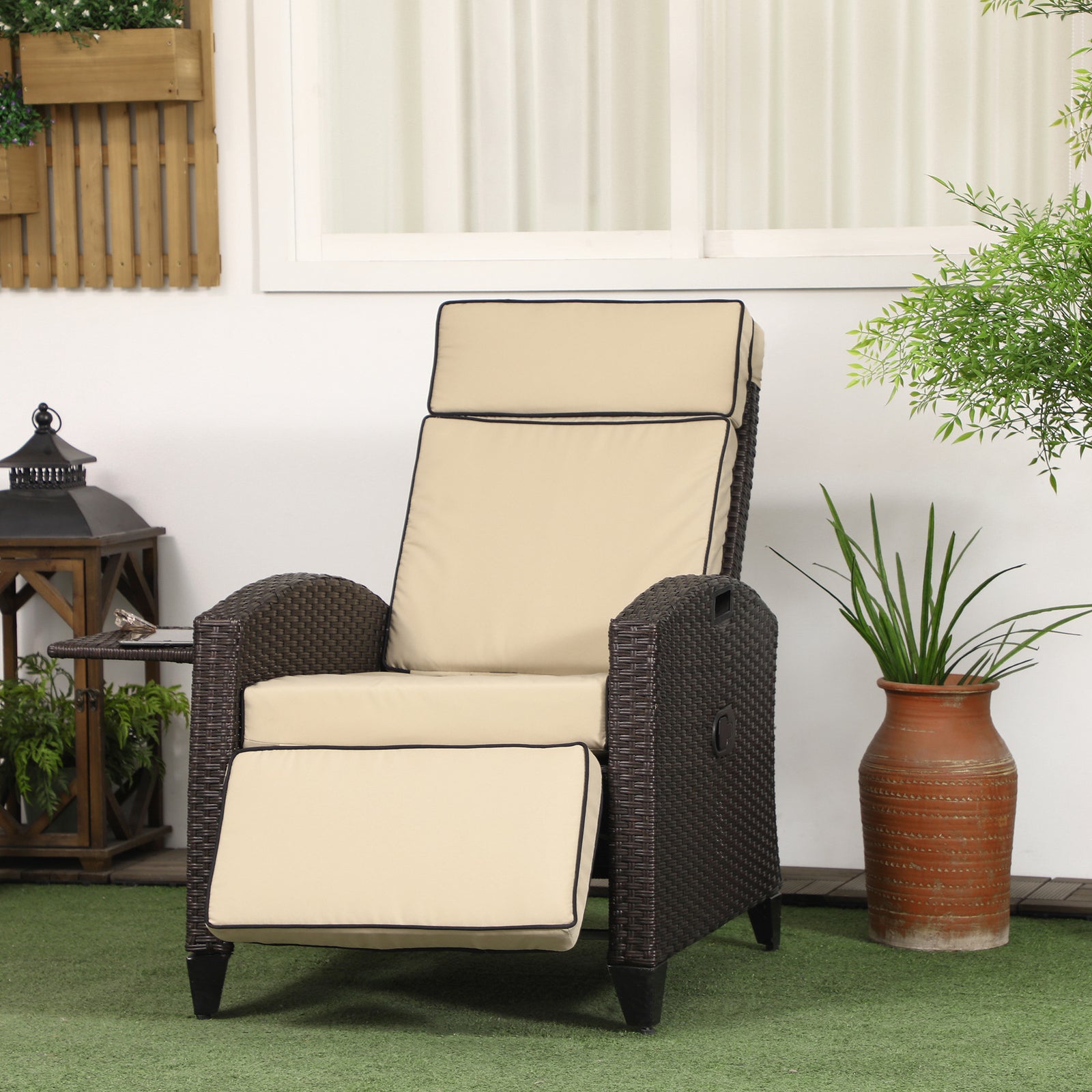 Outdoor Recliner Chair W/ Cushion, Pe Rattan Reclining | Khaki