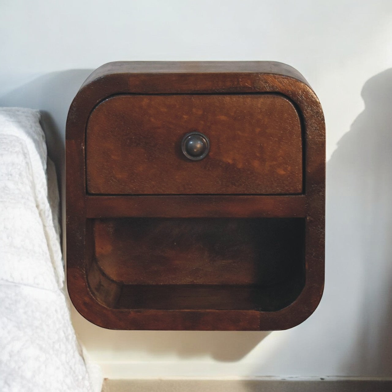 Solid Wood Extra Mini Curved Chestnut Bedside With Open Slot