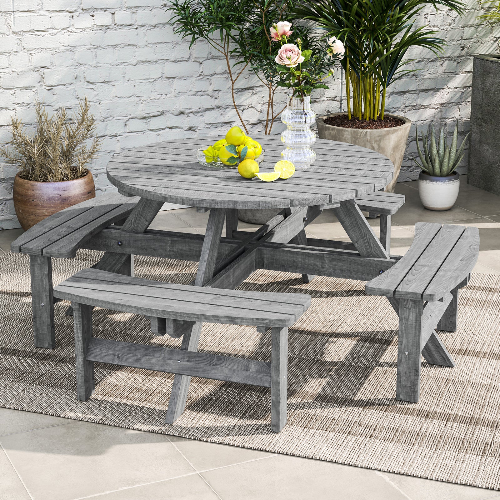 8 Seat Outdoor Wooden Picnic Table With Bench, Parasol Hole