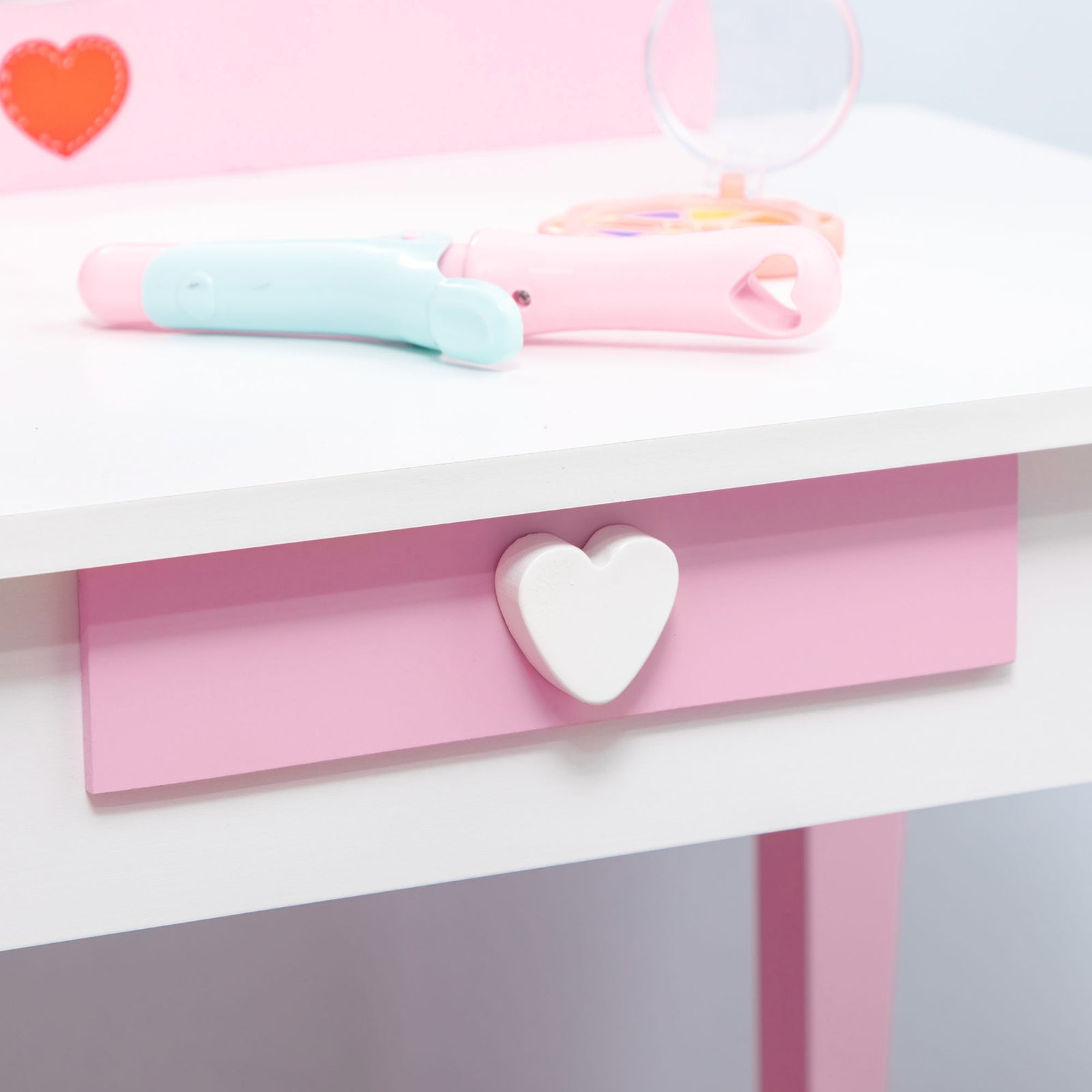 Kids Dressing Table With Mirror, Stool, Drawer, Cute Patterns - Pink | Pink