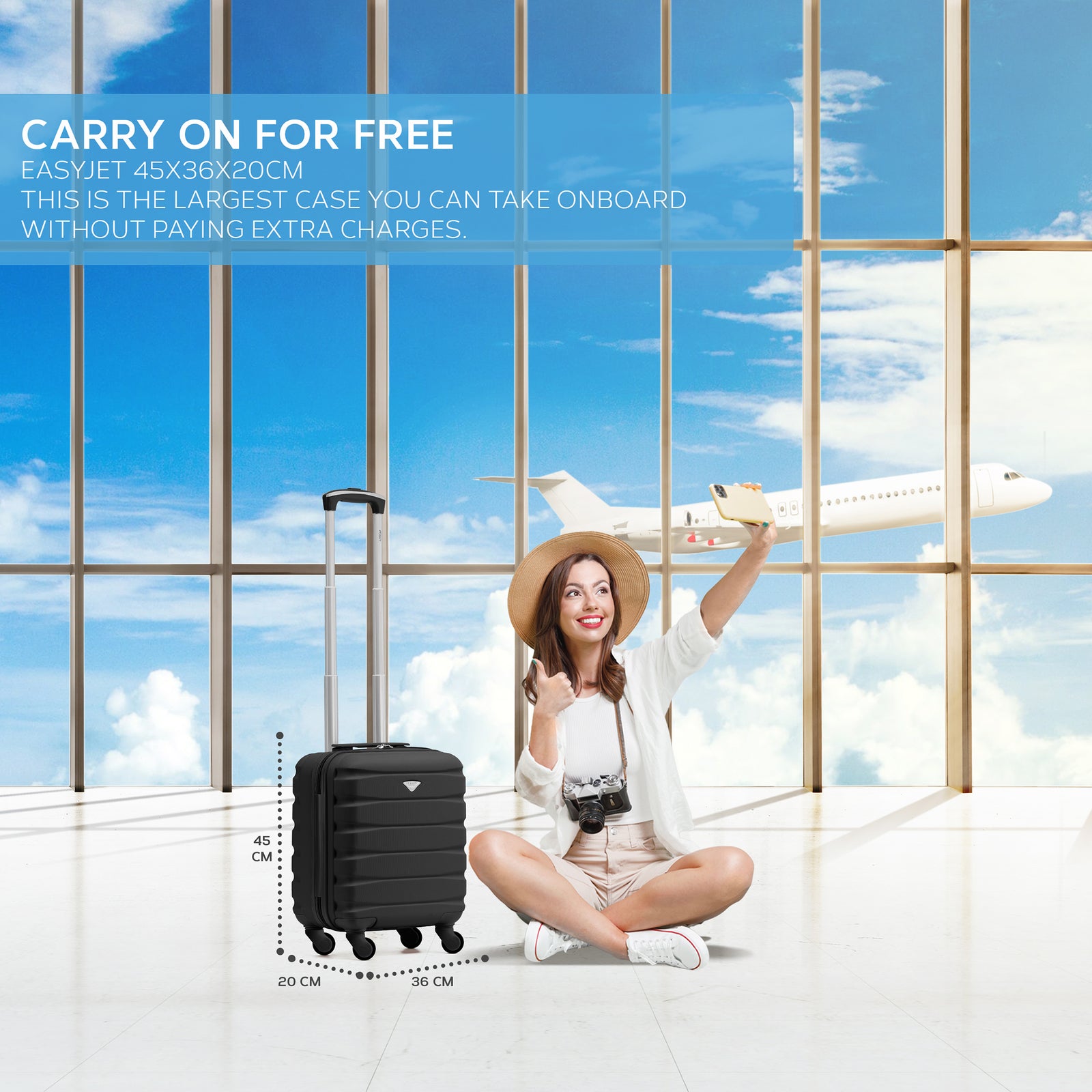 45x36x20cm Lightweight Underseat Cabin Carry On Suitcase - 100+ Airline Approved - Hard Shell Luggage - 4 Wheels | 45 x 36 x 20cm | Black & Silver