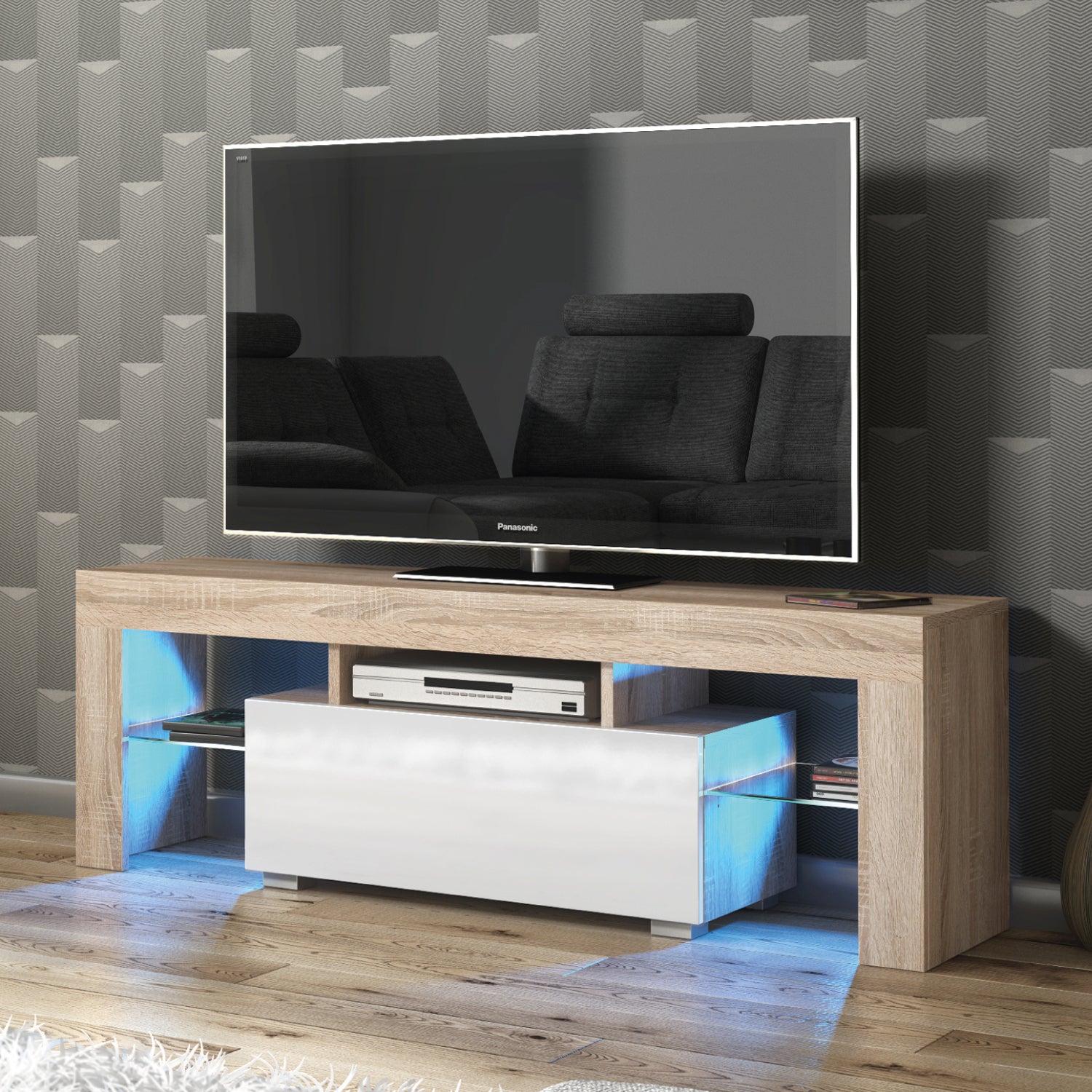 Floe Tv Unit 130cm With Led Lights | Natural Oak
