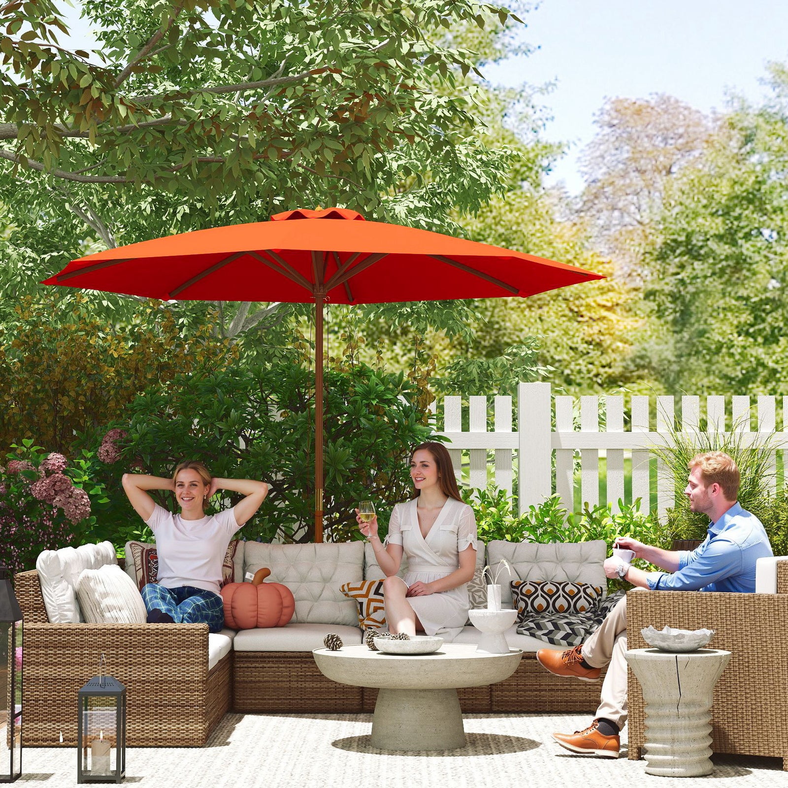 Wooden Garden Parasol With Rope Pulley Mechanism And 8 Ribs | Orange