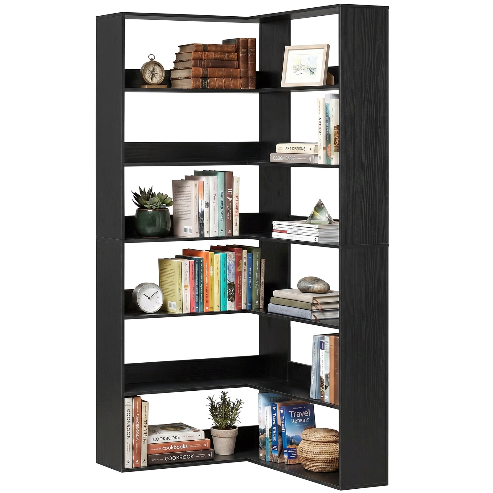 7 Tiers Corner Bookshelf, L-shaped | Black