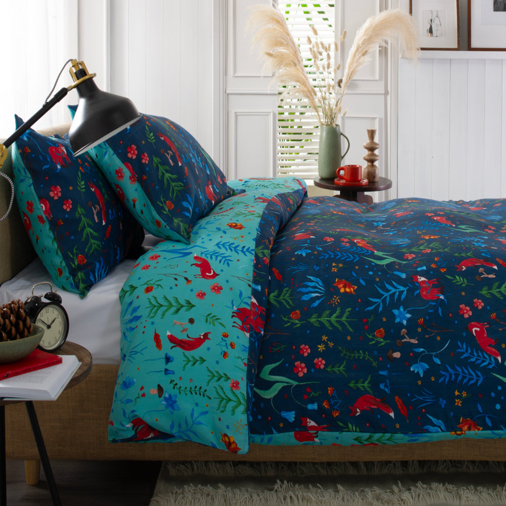 Fox And Floral Cotton Rich 200 Thread Count Reversible Duvet Cover Set | Double | Navy Blue