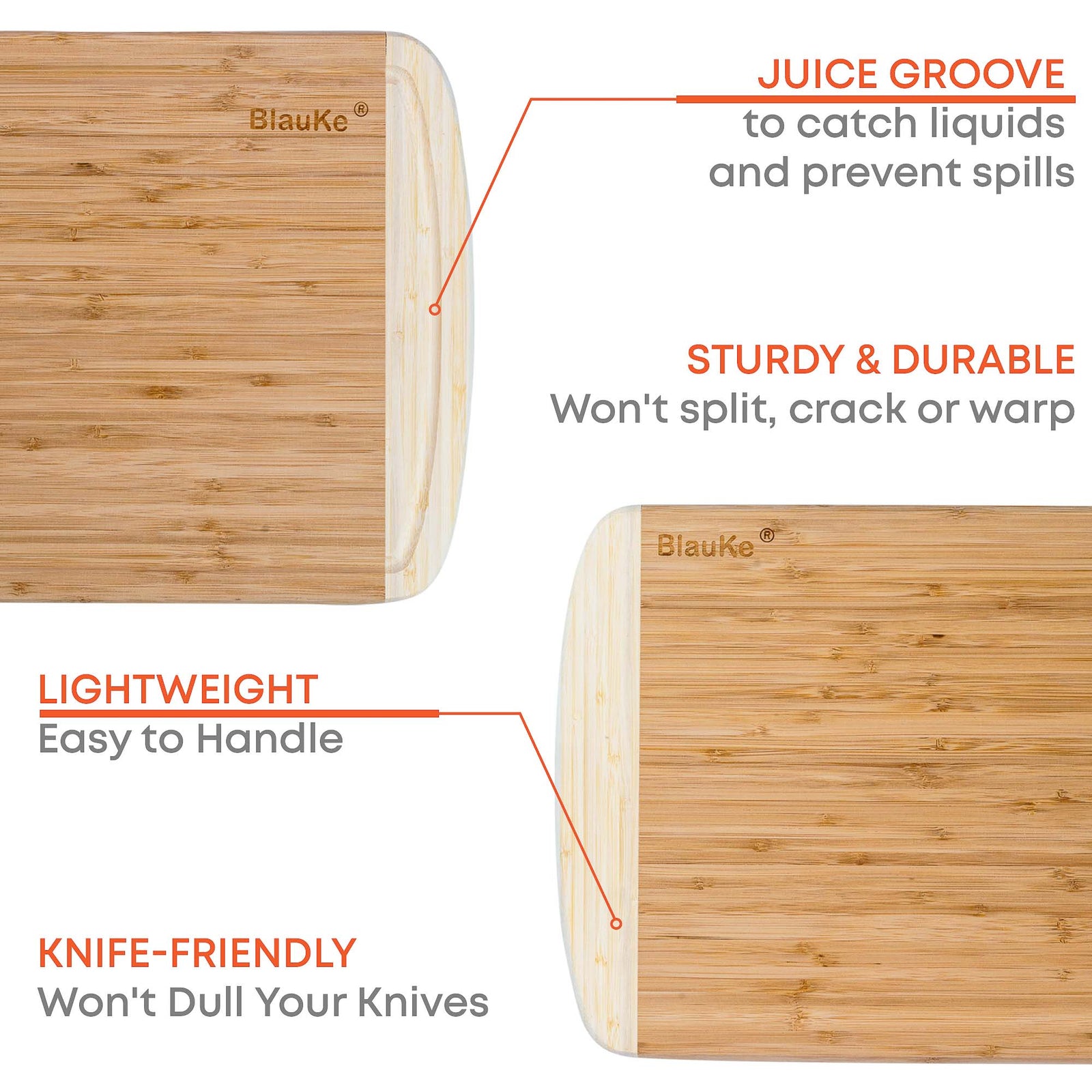 BlauKe Wood Cutting Board For Kitchen - 37x29cm Bamboo Cutting Board With Juice Groove - Wooden Butcher Block