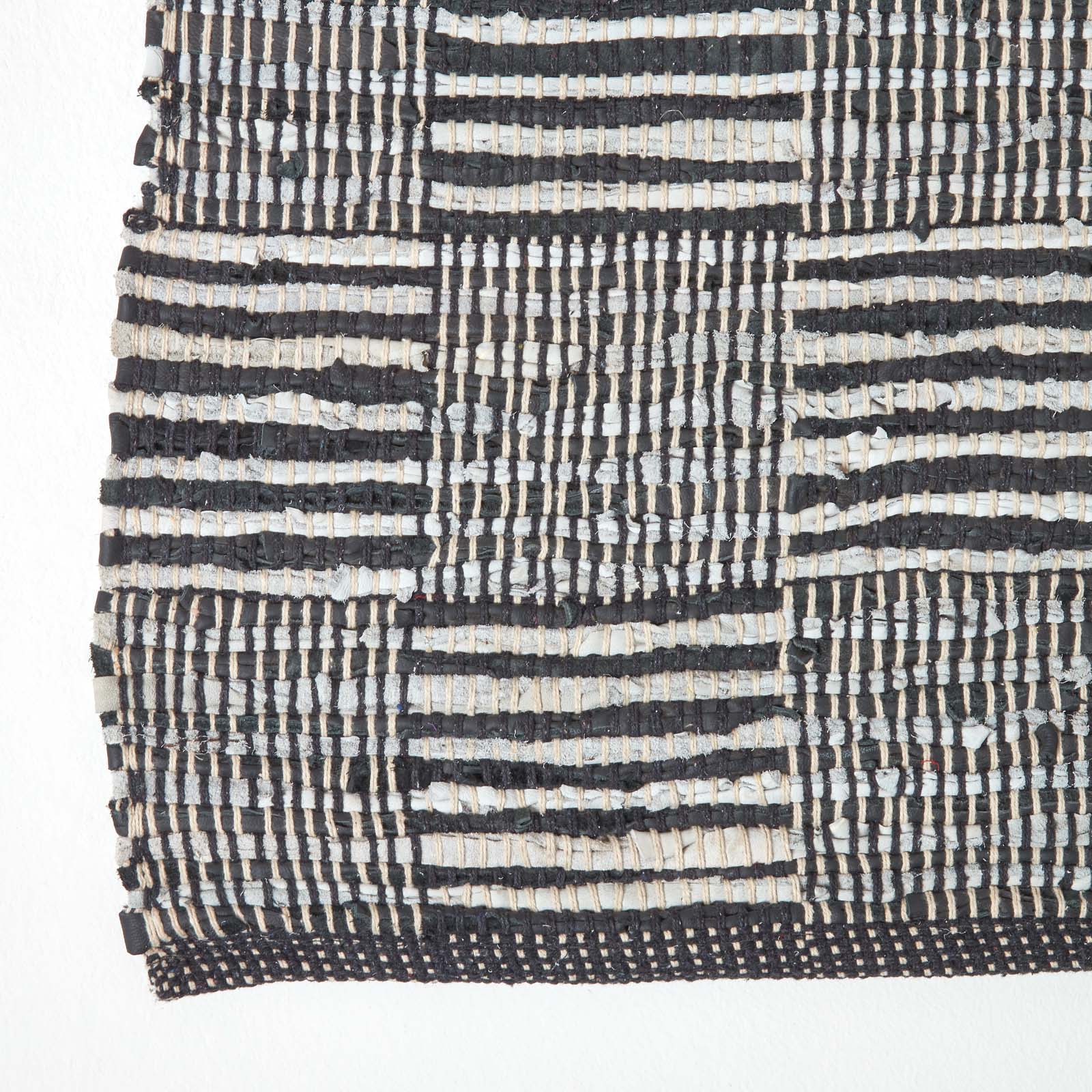 Black & White Real Leather Handwoven Striped Block Check Rug | 150cm x 240cm | Black & White