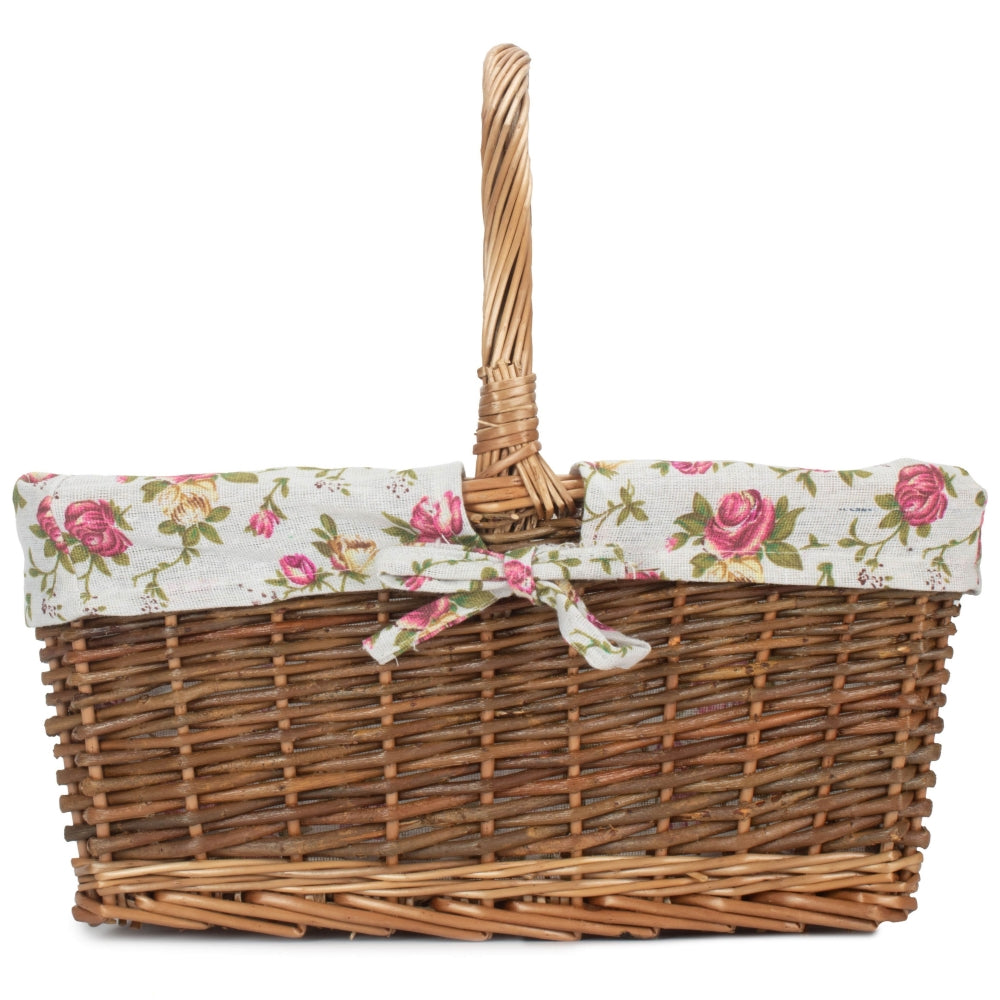 Rectangular Unpeeled Willow Shopping Basket With Garden Rose Lining | Large | Pink