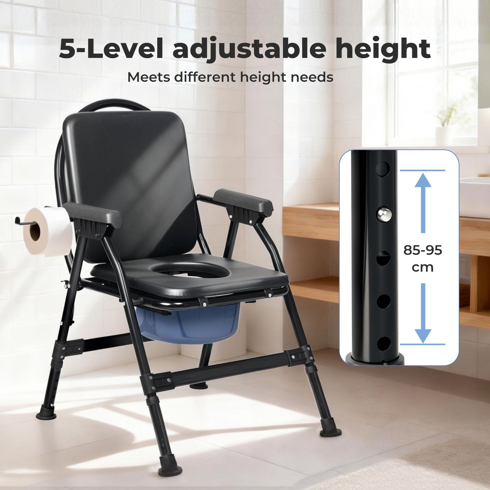 Commode Toliet Chair For Disabled Folding Adjustable Remmoveable Seat | Black