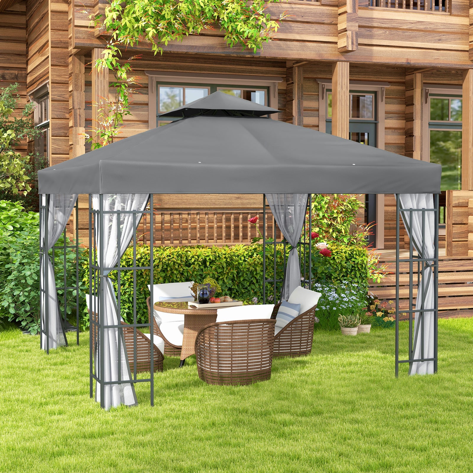 3 X 3(m) Patio Gazebo Canopy Garden Pavilion W/ 2 Tier Roof | Grey