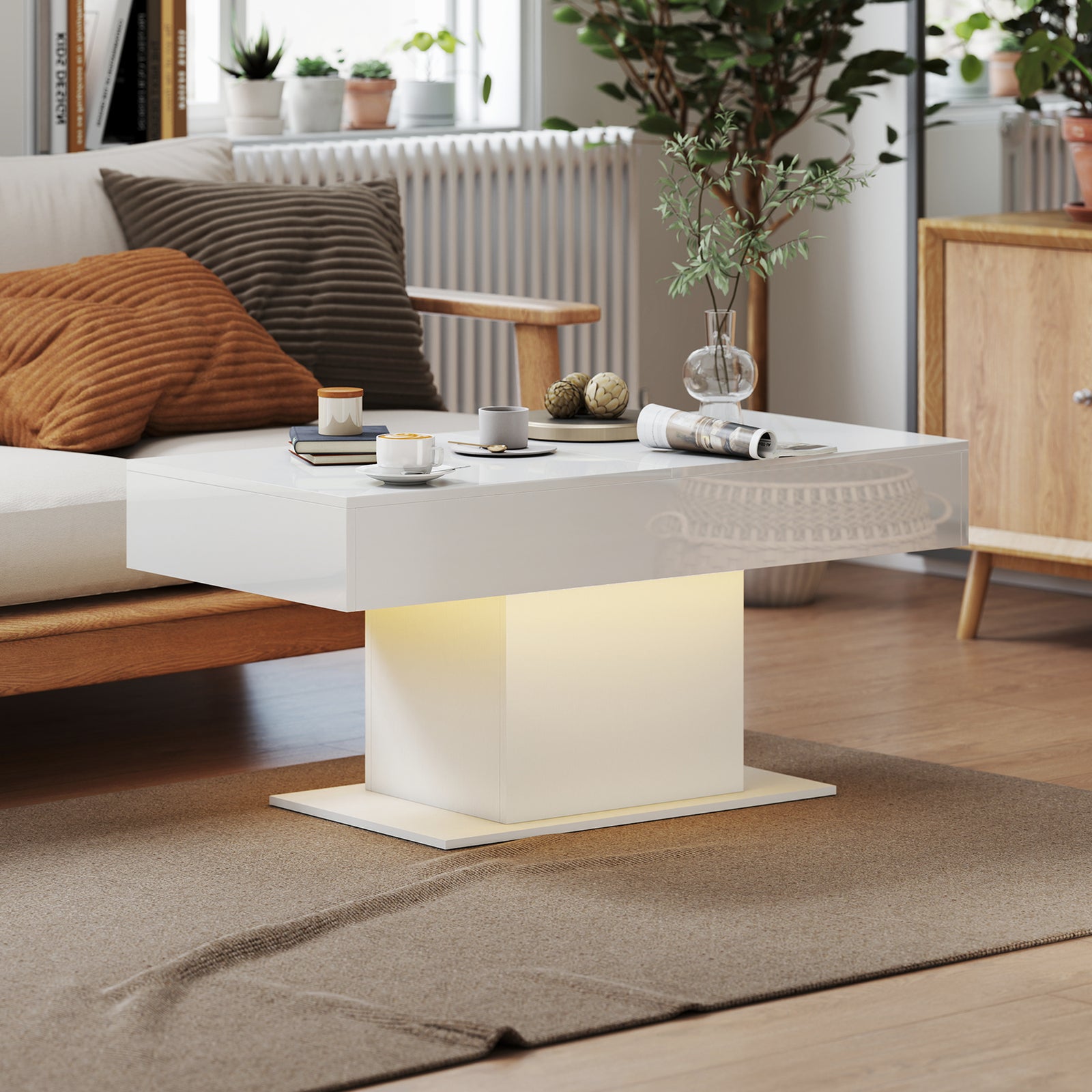 HOMCOM Extendable Coffee Table, Living Room Table With Led Lights, White