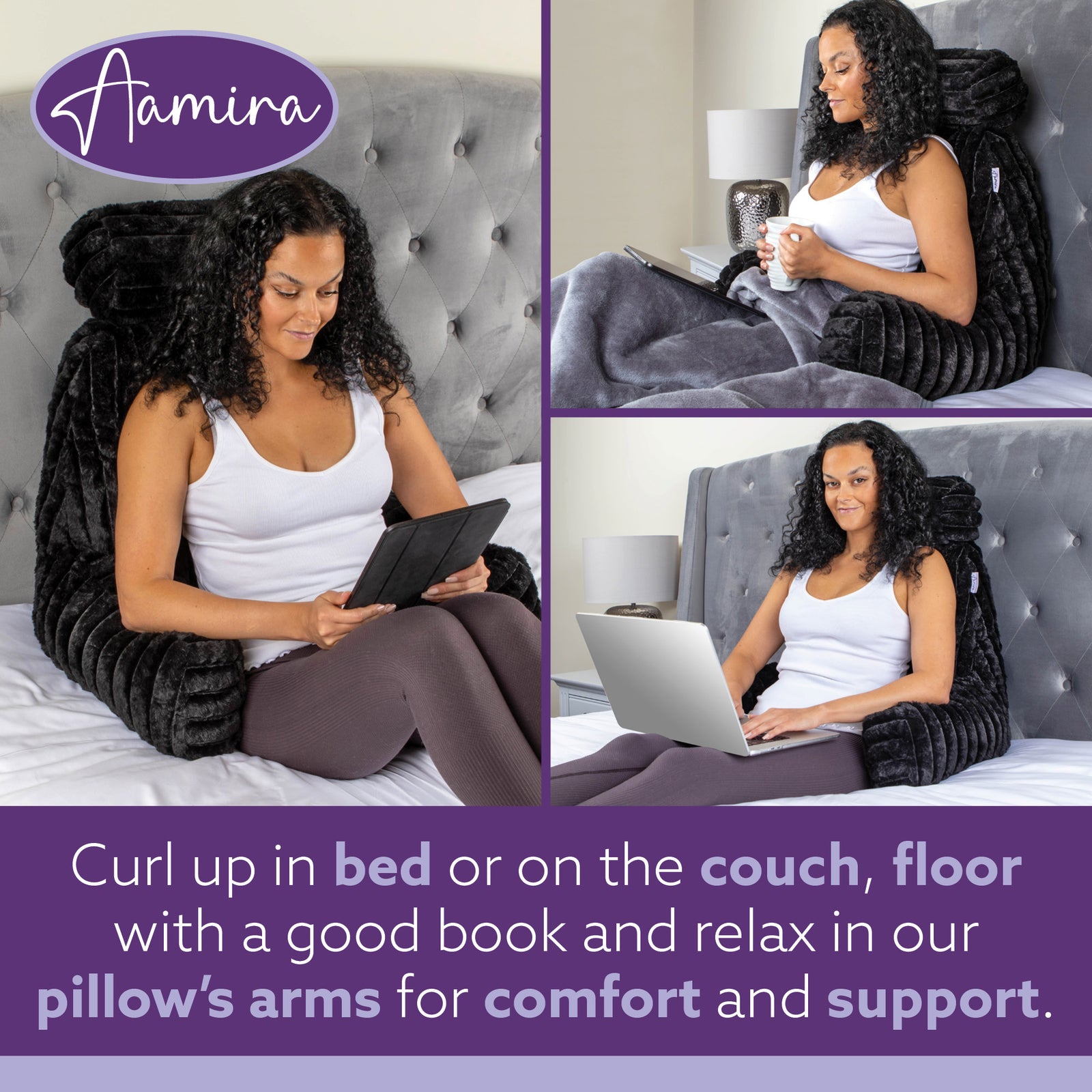Luxurious Xl Reading Pillow Detachable Headrest, Soft Ribbed Faux Fur, Memory Foam Cuddle Cuddle Cushion Backrest | XL | Black