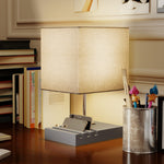 Table Lamp With 3 Slots, Bedside Lamp With Solid Wood Base | Grey