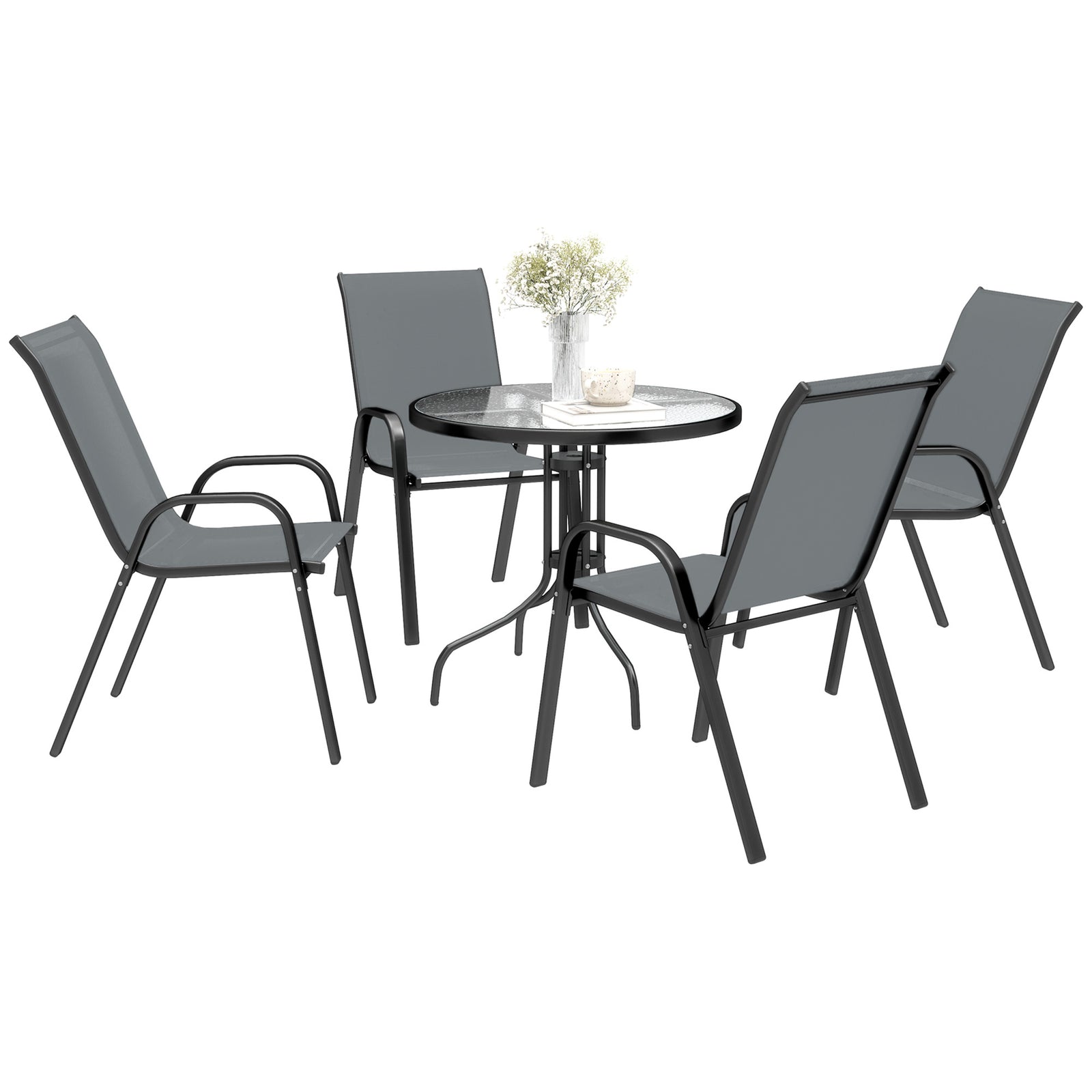 5 Pcs Garden Furniture Set, Round Table And Stackable Chairs | Dark Gray