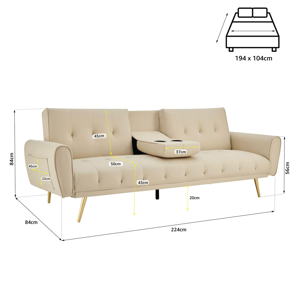Lora Faux Leather Sofa Bed 3 Seater | Cream