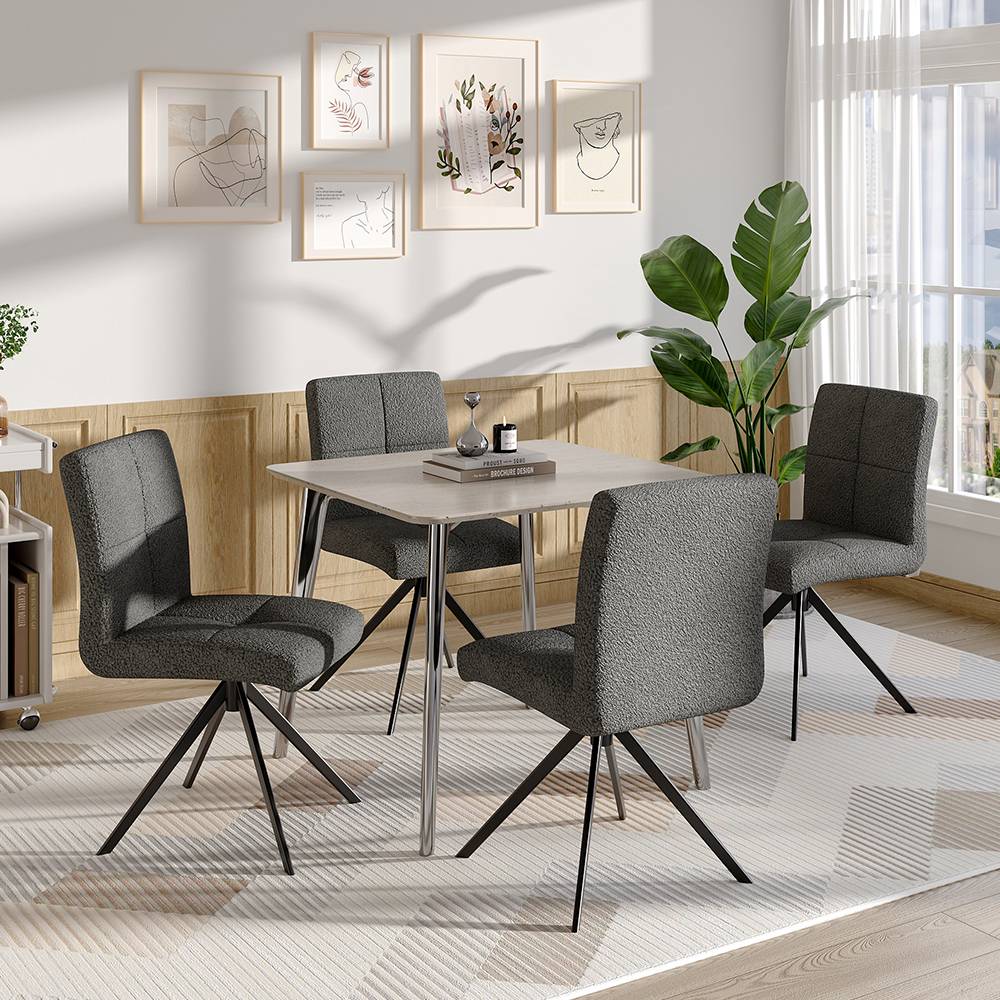 Set Of 2 Teddy Fleece Bar Stools With High Back And Black Metal Legs – Modern Armless Breakfast Chairs | Grey