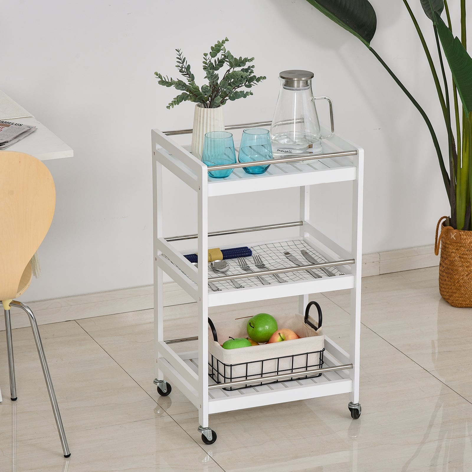 3 Tier Home Trolley Kitchen Storage Cart Steel Bars 4 Wheels