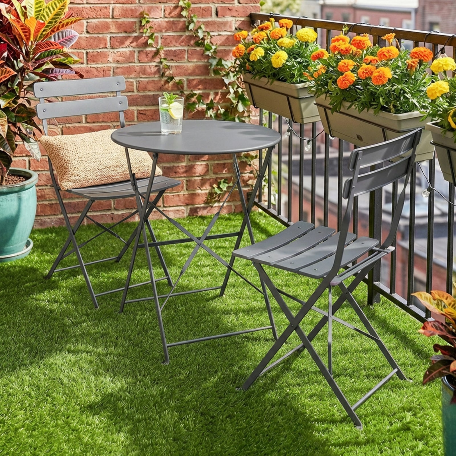 Folding Bistro Set With Round Garden Table And Chairs | Grey