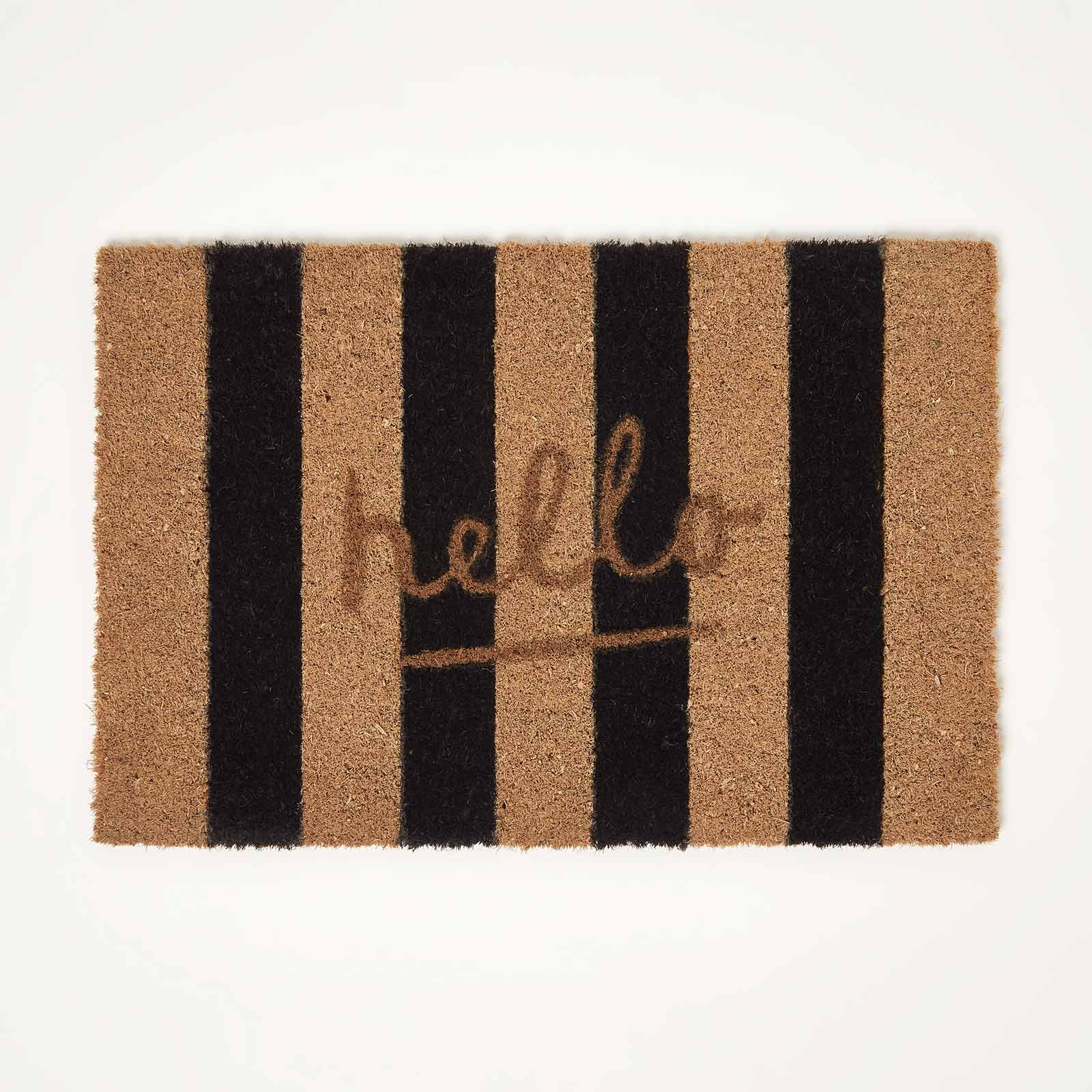 HOMESCAPES Stripe Hello Coir Doormat, 40 X 60cm