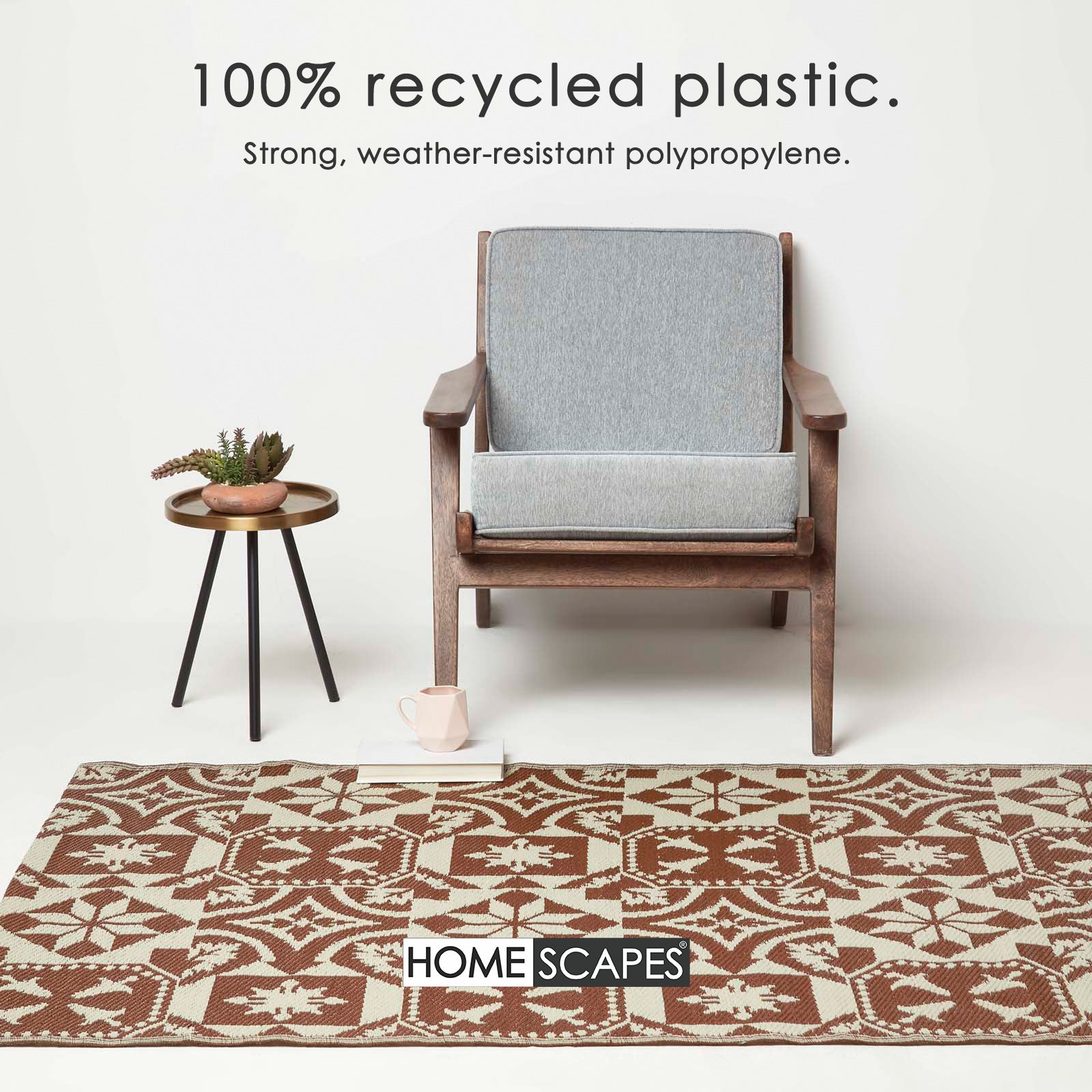 Luxury Outdoor Rug Waterproof Reversible For Garden Patio, Brown Tile Mosaic