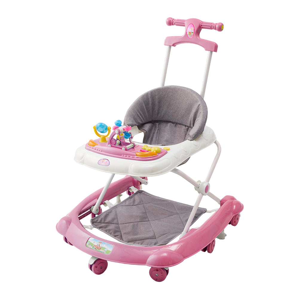 Adjustable Baby Walker, Foldable Walker, Multifunctional Baby Walker, Feeding Tray, Interactive Music, Toys, Wheel Safety Breaks | Pink