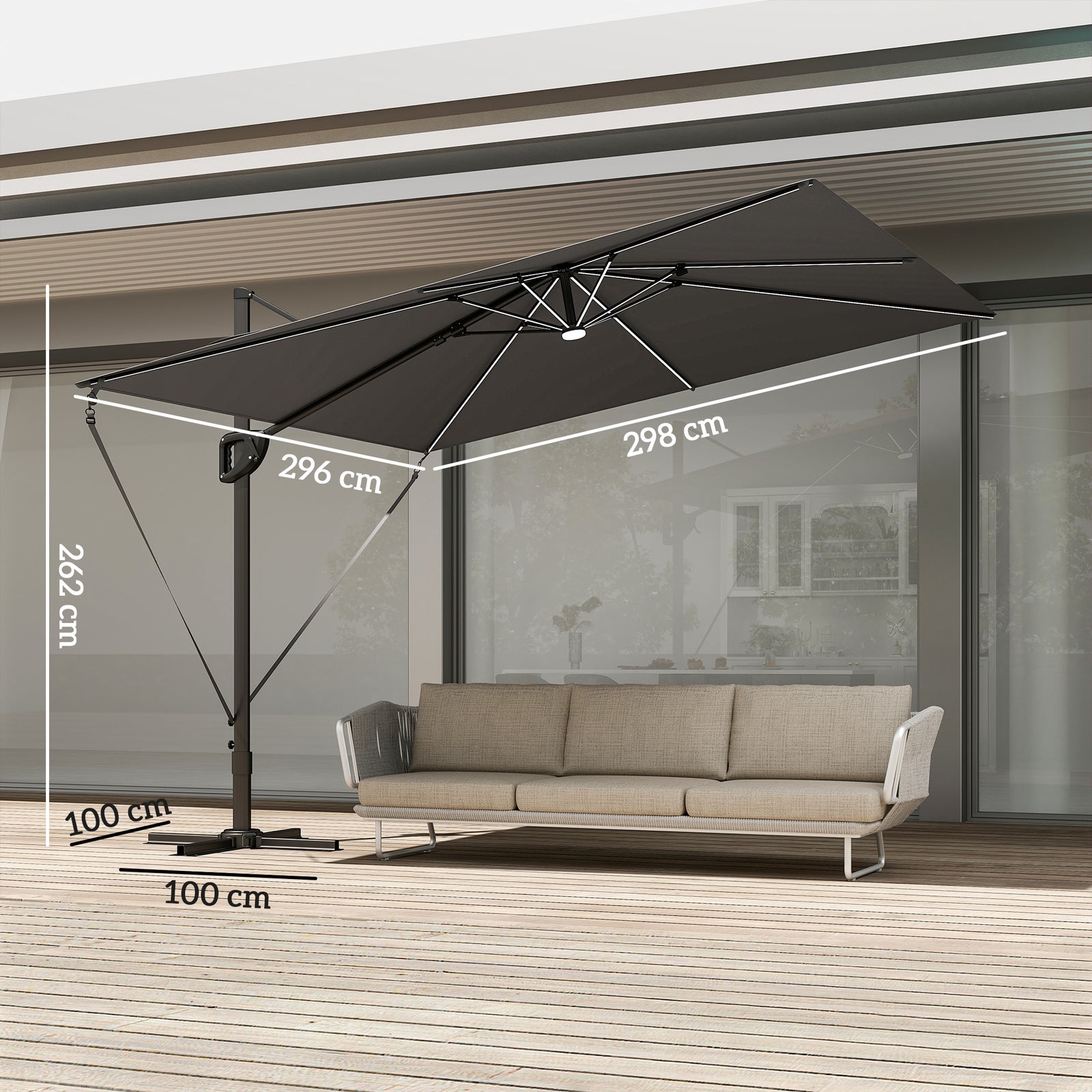 3 X 3 M Garden Cantilever Parasol W/ Light, Cover, Wind Protection | Grey
